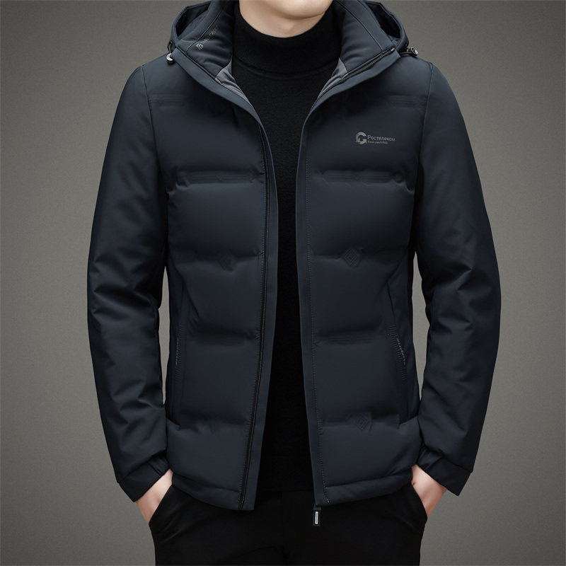 商务羽绒服男生2025冬季新款中年爸爸加厚防寒保暖白鸭绒连帽外套