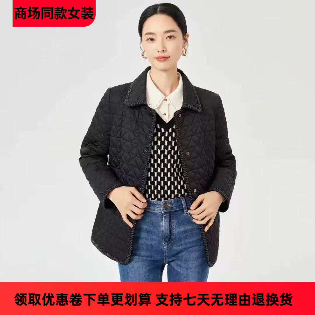 娜家商场同款女装2025冬季新款时尚拼接黑色保暖棉衣小香风外套