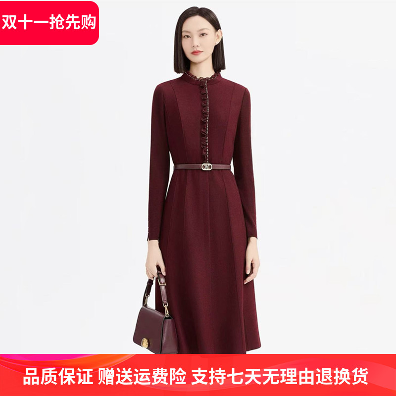 娜家商场同款女装2025秋冬新款时尚木耳边领显瘦羊毛百搭连衣裙子