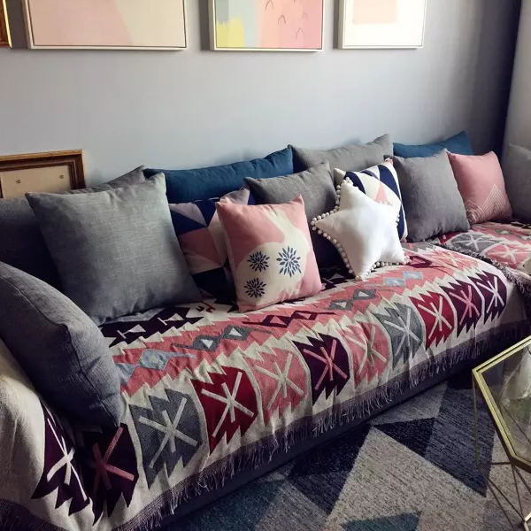 欧式设计师款几何沙发垫ins北欧沙发套全盖简约现代针织提花毯子