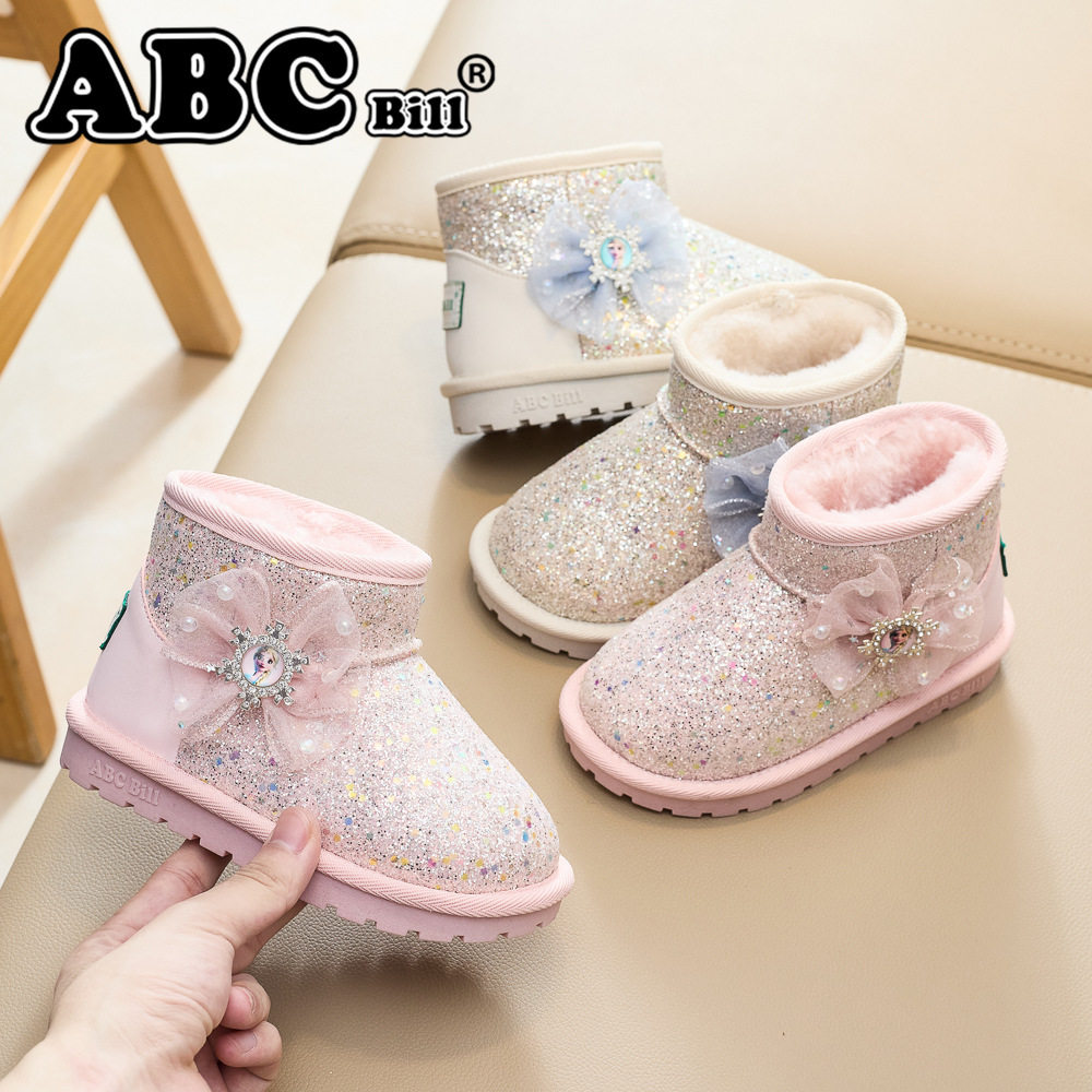 ABC BiII儿童雪地靴24冬季新款公主靴女童亮片棉靴加厚短靴蝴蝶结