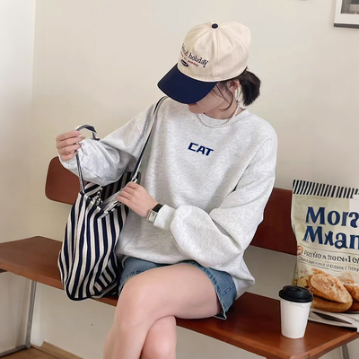 ins韩系简约百搭白灰色圆领卫衣