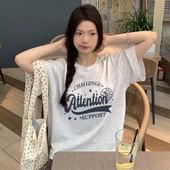 超火ins风简约休闲花灰色短袖 t恤女韩系宽松显瘦纯棉正肩半袖 上衣