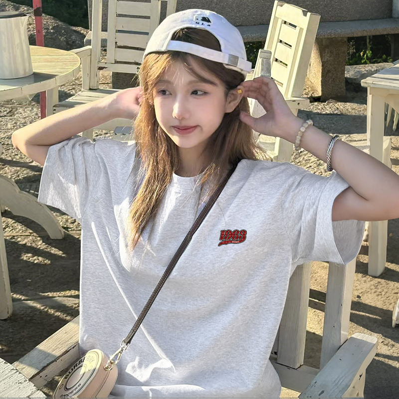 韩系简约风宽松正肩花灰色短袖t恤女高级感百搭半袖上衣夏季潮牌