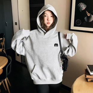高级感灰色连帽卫衣女宽松百搭慵懒风秋冬加绒加厚上衣外套潮 美式