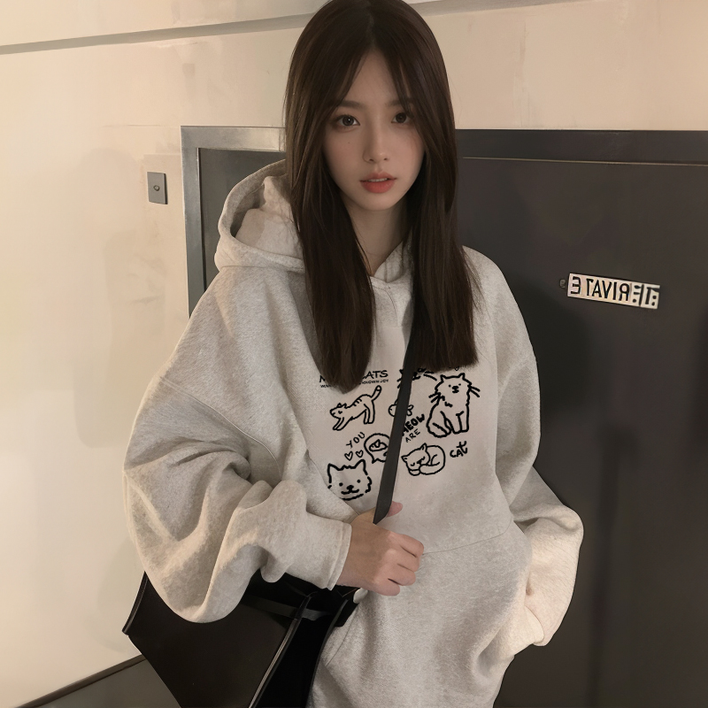 韩系简约风百搭卡通印花连帽卫衣