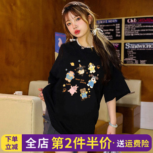 上衣潮 t恤女高街设计感甜酷风正肩半袖 vintage美式 复古风黑色短袖