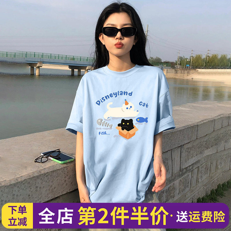 美式学院风宽松奶蓝色t恤女短袖小众超火狗狗印花百搭正肩上衣潮