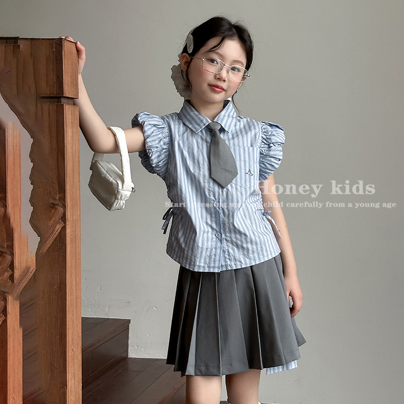 女童学院风套装2025夏季新款儿童飞袖衬衫上衣小女孩百褶半身裙子
