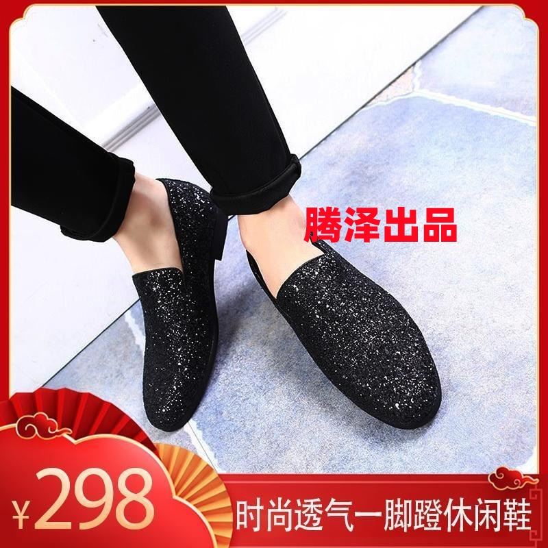 菲卡梵鞋服商行潮流亮片个性一脚蹬时尚尖头皮鞋男士懒人豆豆鞋