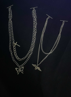 天使翅膀双头领口链条钛钢一字扣项链可拆卸分离式领口链男女情侣