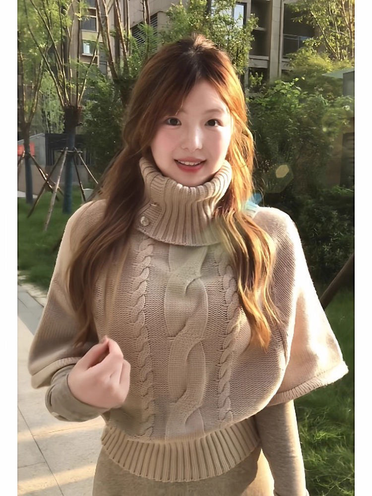 麻花套头斗篷毛衣女韩版春季新款慵懒高领设计感洋气百搭针织上衣