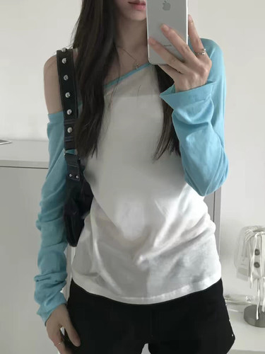 美式辣妹白拼蓝防晒罩衫女夏2026新款性感露肩领上衣薄款长袖t恤