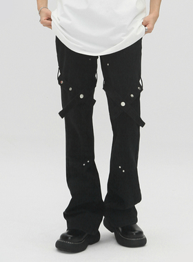 PASET绑带微喇叭修身黑色牛仔裤潮设计感裤子男美式高街vibe复古