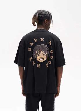 harsh and cruel街头感手绘脏辫金牙黑人小孩发泡宽松休闲短袖T恤