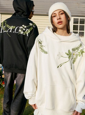 harshandcruel 新中式花卉花环刺绣文字HACR廓形连帽卫衣国潮流