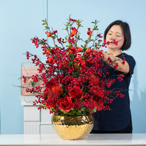 红色发财果高端喜庆花艺仿真花红果客厅插花店面装饰花高档年宵花 - 封面