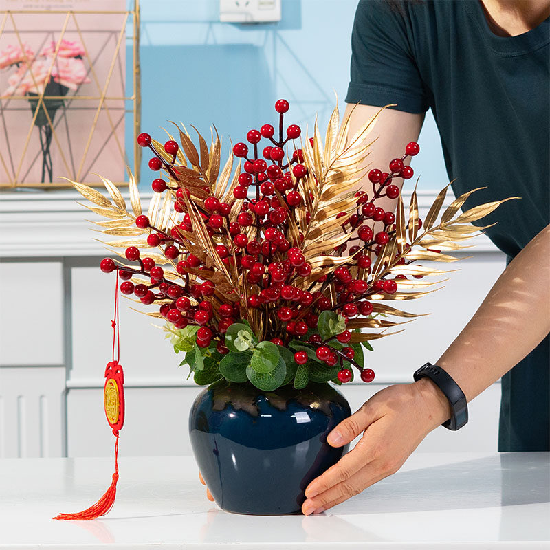 发财果仿真花客厅红果装饰插花高档餐桌花茶几摆件红色浆果摆设花