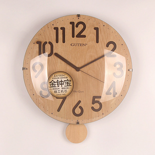 Guten金钟宝钟表现代北欧客厅简约挂墙原木时钟缓摆静音挂钟