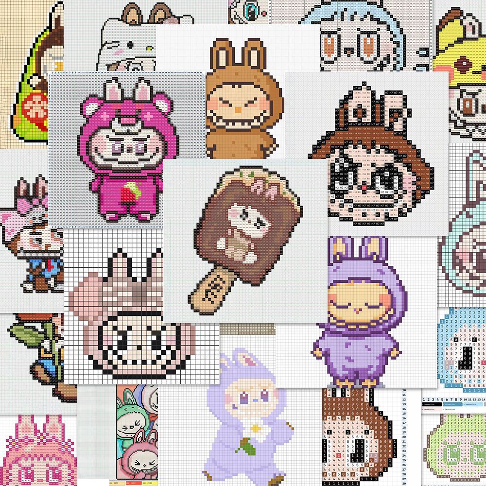 新款款】144张Labubu像素画贴纸拼豆图纸趣味益智游戏潮玩高清diy