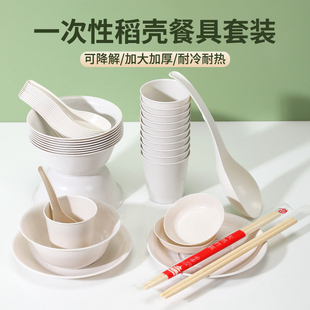 户外露营烧烤碗筷碟盘杯子组合套装 一次性餐具稻壳四件套装 可降解