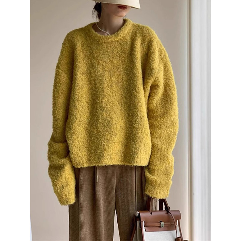 复古黄色圈圈绒软糯毛衣套头女秋冬毛茸茸慵懒宽松针织衫上衣加厚