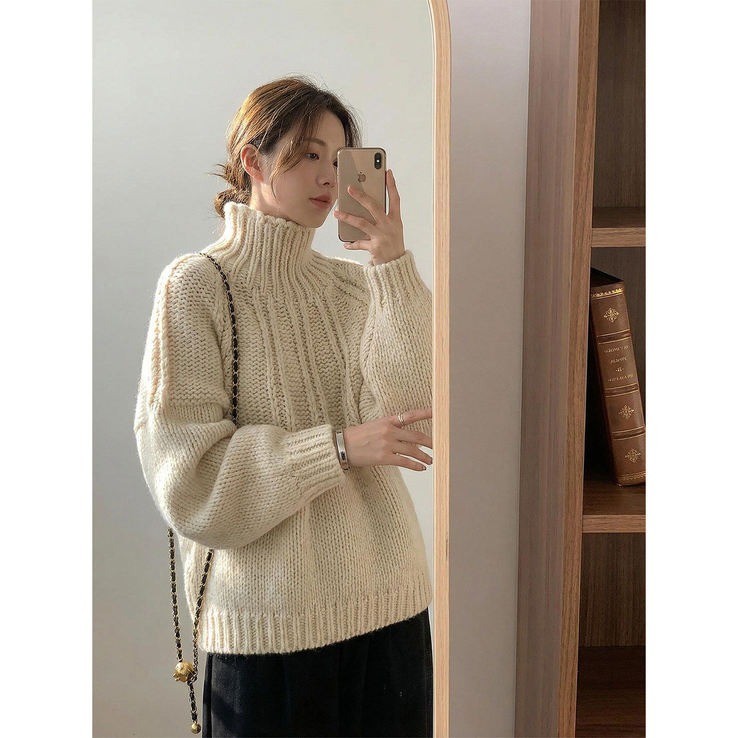 欧货杏色高领粗线毛衣女秋冬季高级感慵懒宽松加厚内搭针织衫上衣