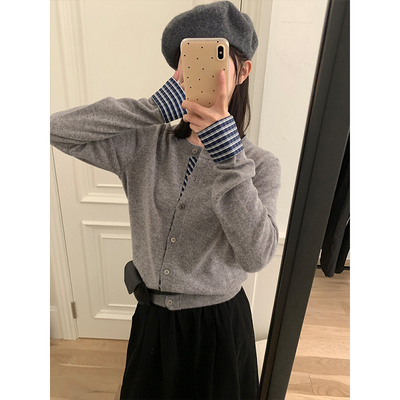 假两件miu系叠穿针织衫女秋冬灰色毛衣开衫外套拼接格子内搭上衣