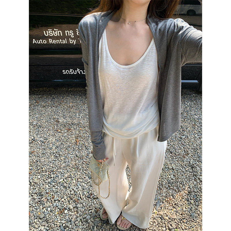 慵懒风灰色针织开衫女春季吊带背心外搭披肩防晒罩衫薄款外套上衣