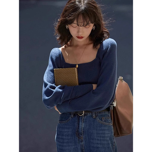 法式蓝色方领针织打底衫女秋冬高级感大领口锁骨修身毛衣内搭上衣