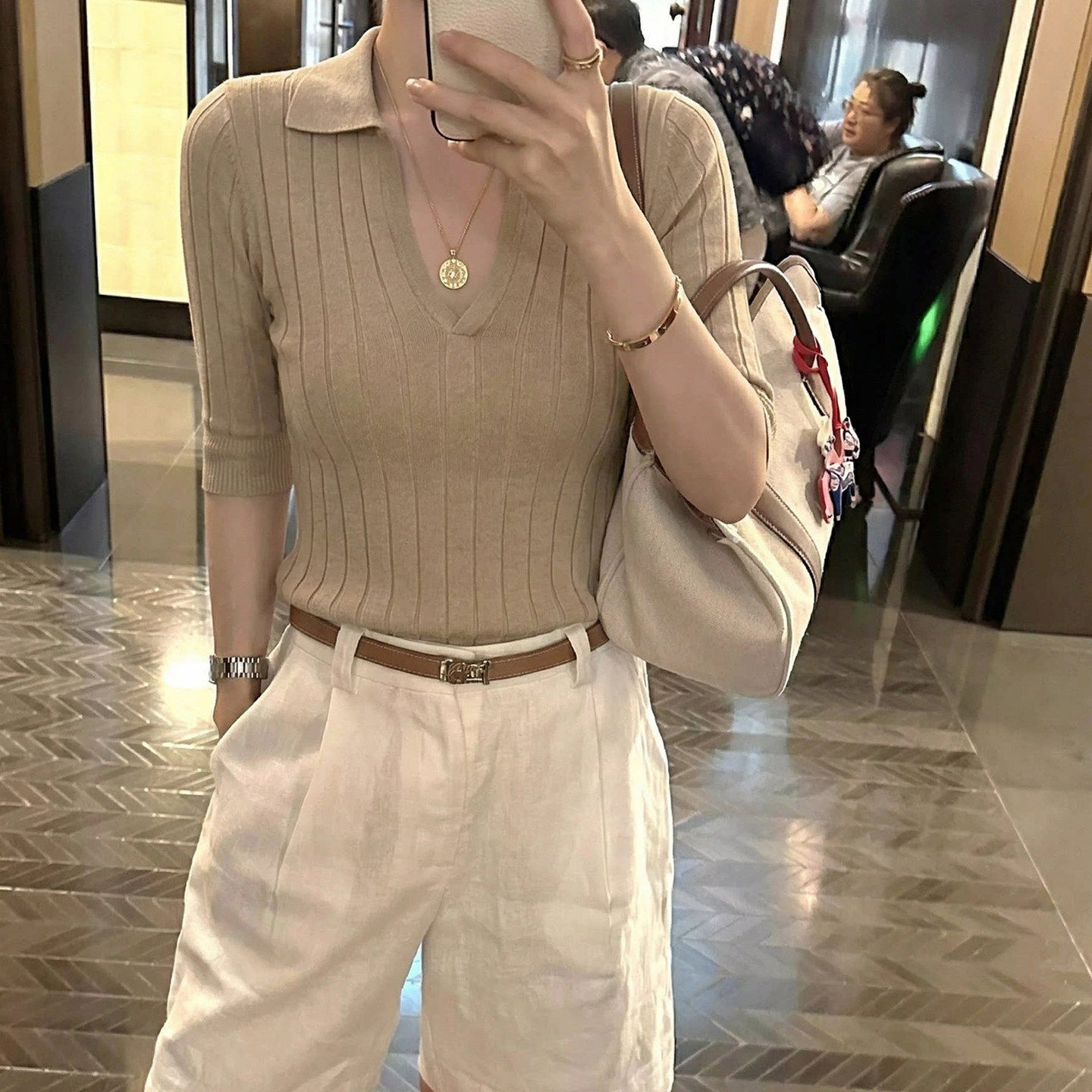 老钱风polo翻领中袖针织衫t恤女夏季穿搭修身收腰卡其色短袖上衣