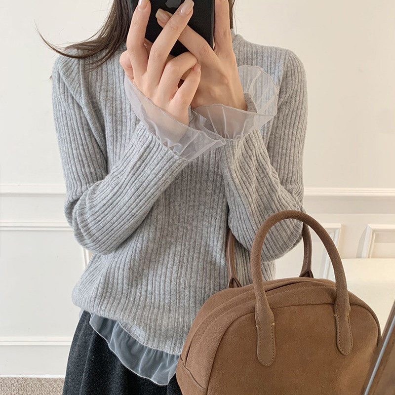 韩系温柔灰色蕾丝针织衫女秋冬设计感绝美修身内搭打底衫长袖上衣