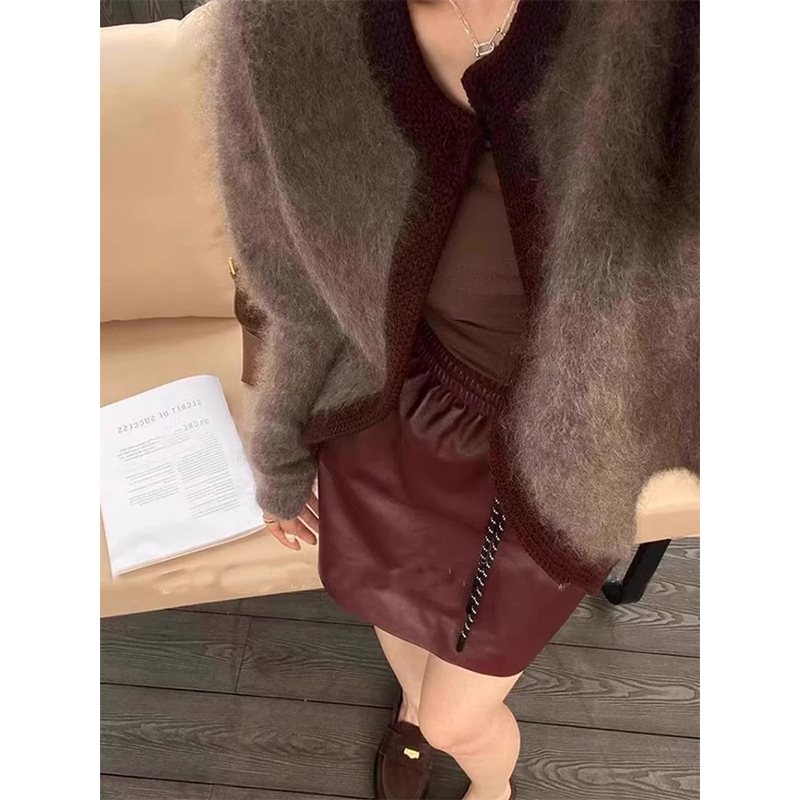撞色仿水貂绒毛衣外套针织开衫冬