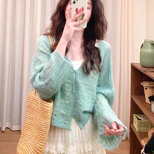 薄荷绿V领镂空马海毛针织开衫女春季吊带外搭罩衫薄外套短款上衣