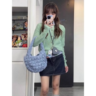 浅春系薄荷绿卷边针织开衫女春季穿搭圆领薄款毛衣外套多巴胺上衣