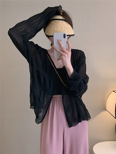 法式黑色冰丝防晒衬衫女夏季薄款设计感小众雪纺衬衣外套长袖上衣