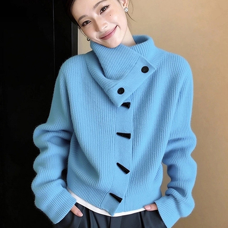 韩系蓝色不规则高领毛衣外套女秋冬独特别致宽松短款针织开衫上衣,女装/女士精品,毛衣,淘宝优惠券,粉丝福利购,淘宝优惠卷