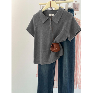 高级感美式灰色短袖针织衫女夏季短款宽松正肩Polo衫T恤翻领上衣