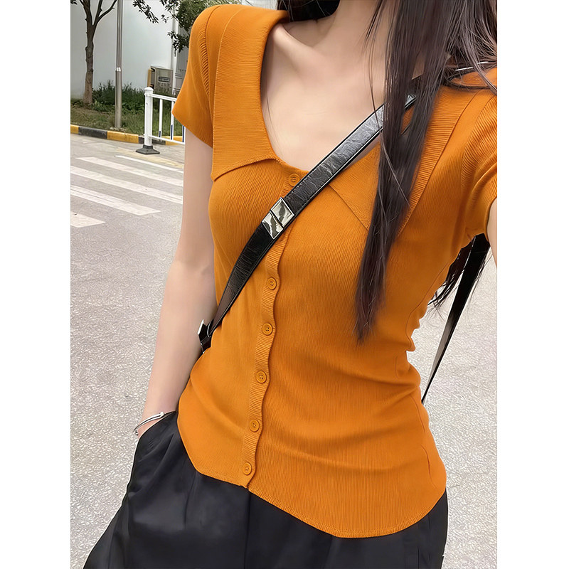 法式南瓜橘色短袖针织polo衫女夏季气质修身显瘦翻领开衫短款上衣