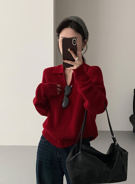 老钱风红色翻领针织衫毛衣女秋冬高级感宽松软糯v领内搭打底上衣