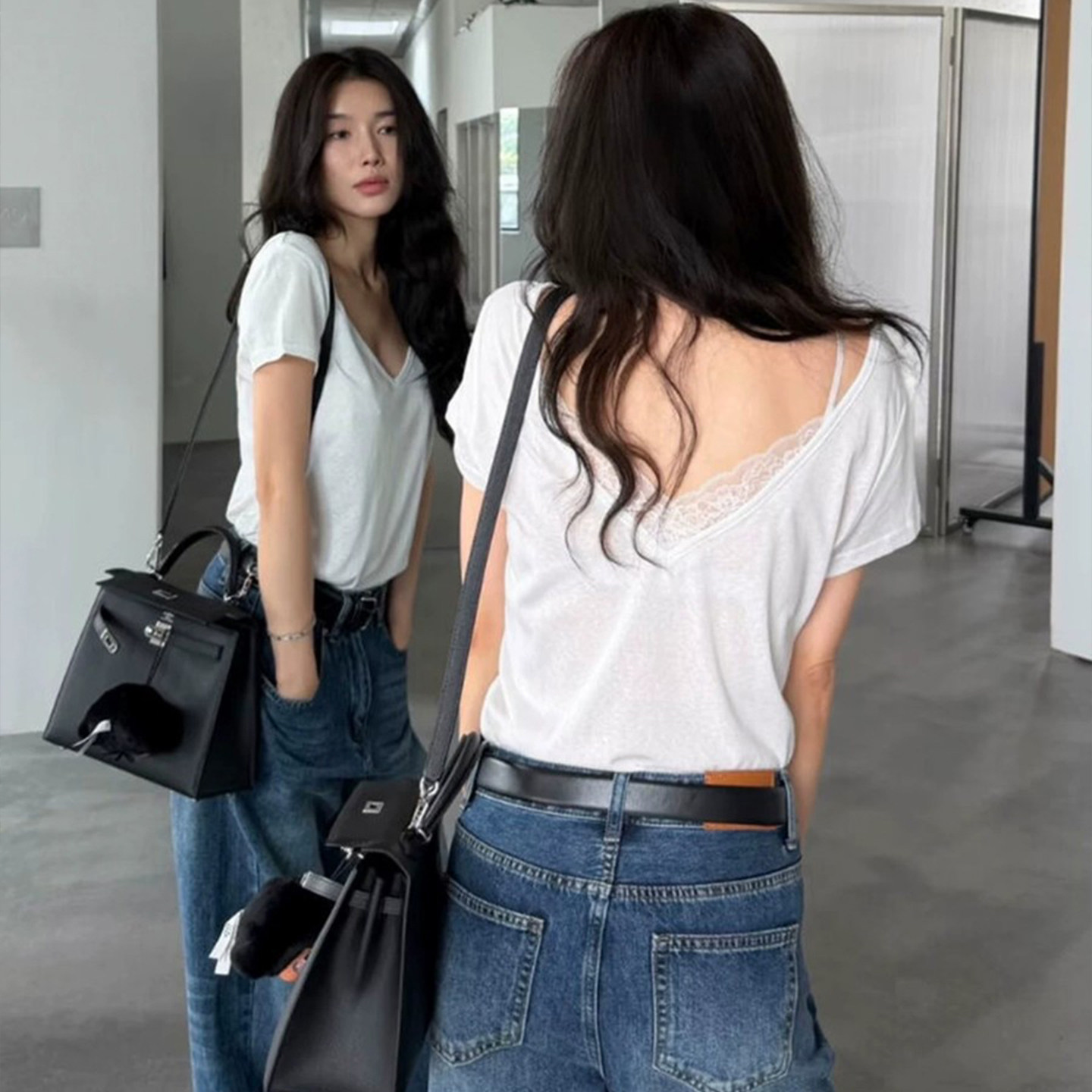 两面穿辣妹v领蕾丝拼接短袖t恤女