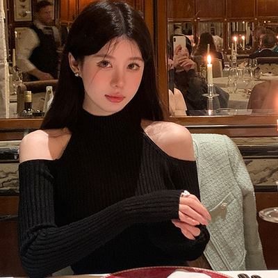 半高领露肩针织衫修身内搭打底衫