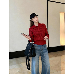 红色重工翻领收腰麻花毛衣女秋冬可外穿内搭修身针织打底衫上衣厚