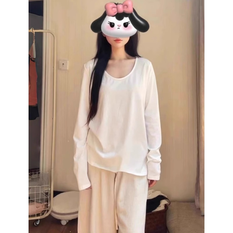 韩系白色u领长袖面膜t恤女春夏季修身显瘦轻薄罩衫内搭打底衫上衣