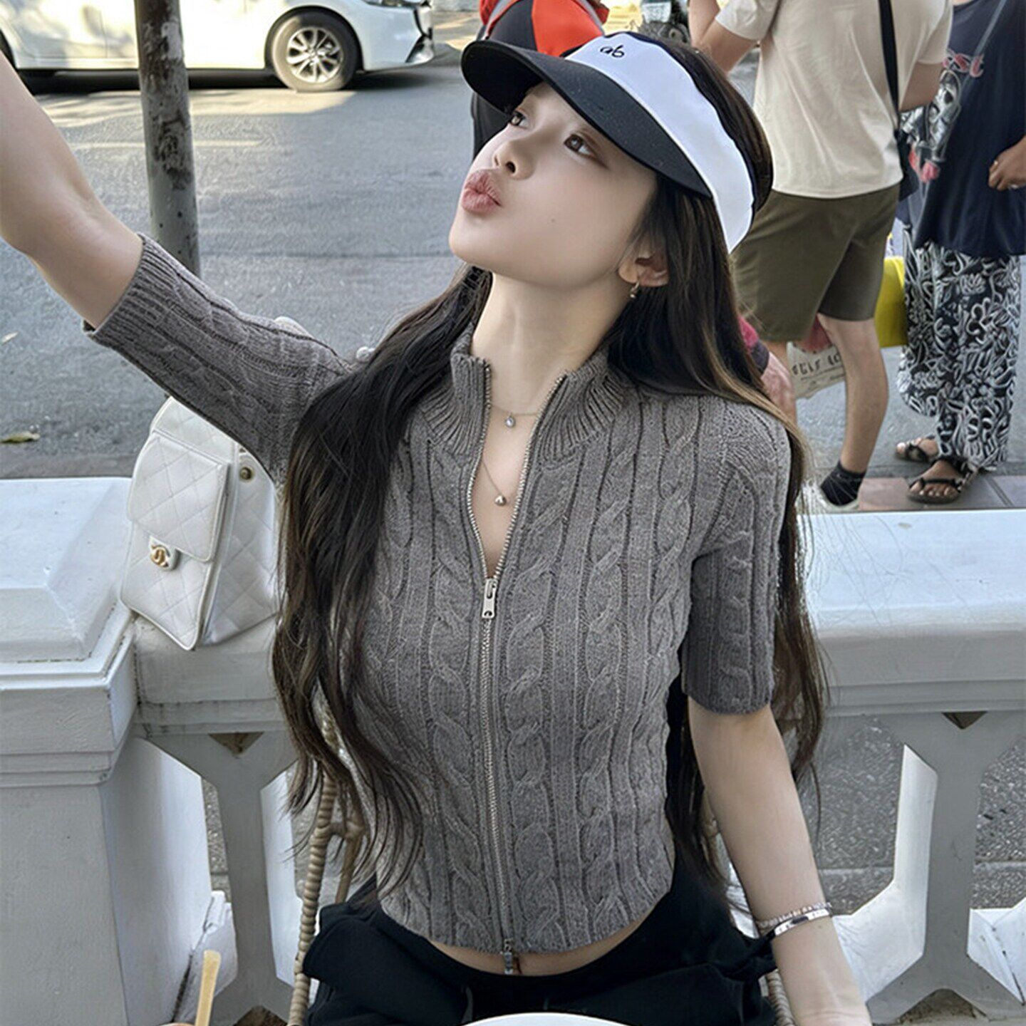 美式灰色麻花短袖针织开衫女夏季老钱风穿搭气质修身拉链立领上衣