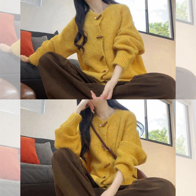 韩系黄色独特漂亮毛衣外套女秋冬慵懒高级感宽松软糯针织开衫上衣