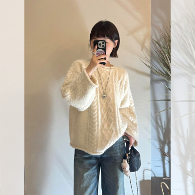 浣熊绒麻花厚毛衣慵懒宽松针织衫
