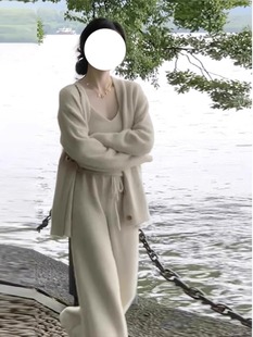 法式复古杏色毛衣外套女秋冬奶fufu的针织开衫宽松慵懒风外搭大衣