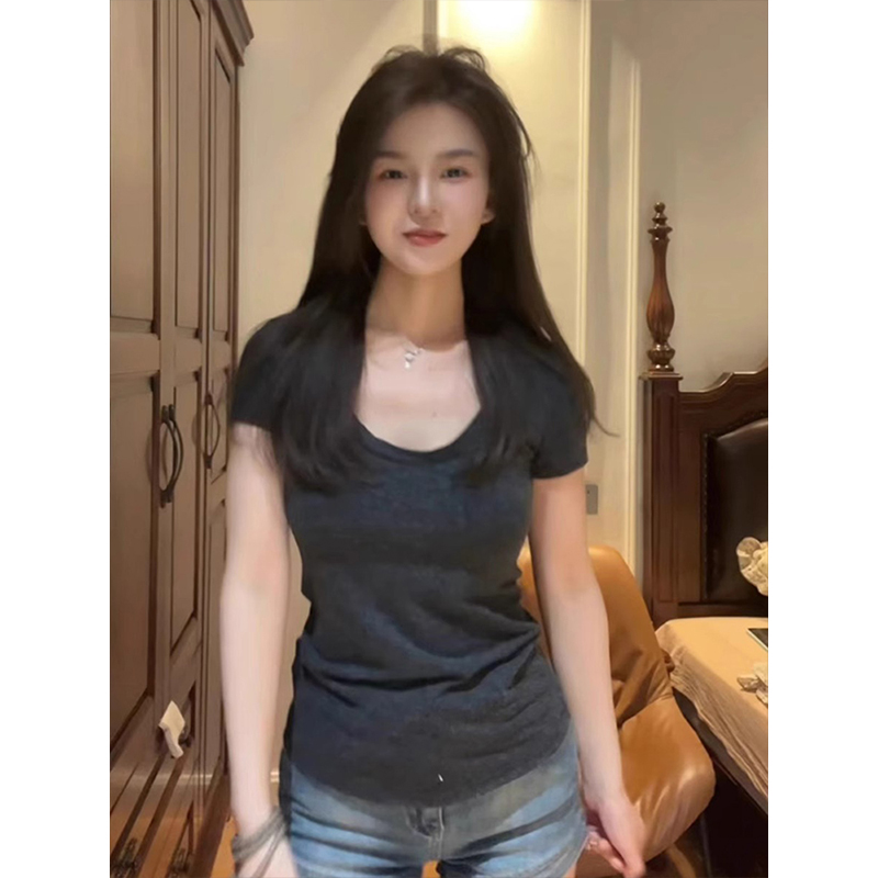 辣妹u领修身短袖t恤女夏季穿搭大领口正肩收腰显瘦低领灰色上衣薄