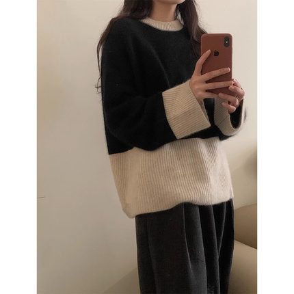 黑白撞色浣熊绒毛衣女秋冬季高级感宽松慵懒风针织衫打底加厚上衣